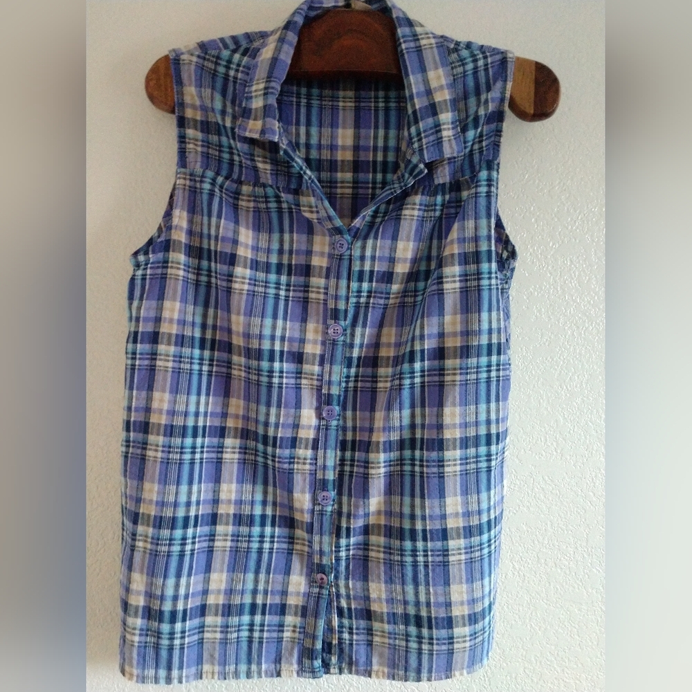 White Stag Women's Sleeveless Summer Shirt Purple Plaid Cottagecore Large